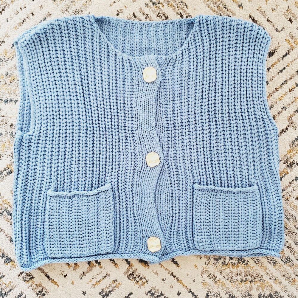 Homemade Knit Cropped Midi Sweater Chunky Vest Baby Blue Granny Core SZ L